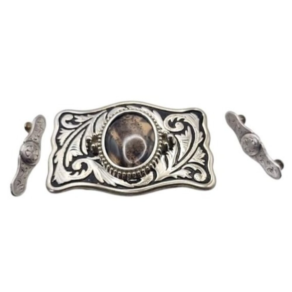 Western Belt Buckle Dendritic Agate Cabochon Silvertone Engraved Side Pieces